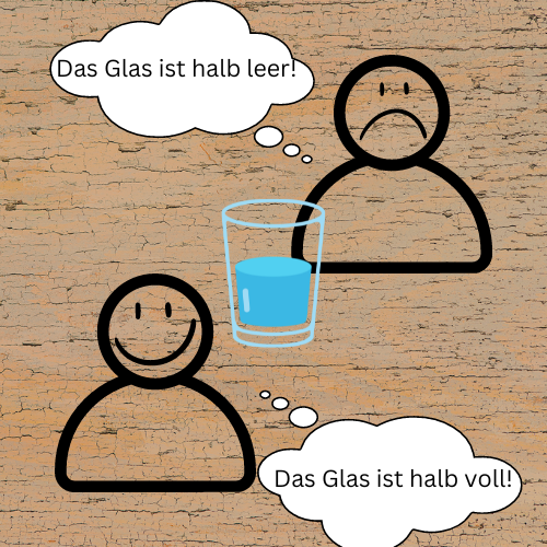 Zwei Menschen schauen auf ein Glas Wasser. Der eine denkt darüber positiv, der andere negativ.